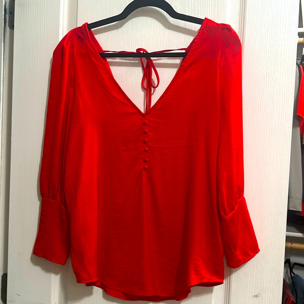 Express Women's Blouse Red V-Neck Drawstring Button Long Sleeve Shirt Top S